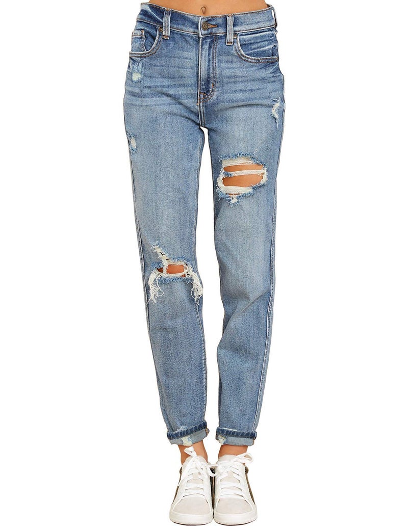 luvamia Women's Casual High Waist Ripped Boyfriend Jeans Washed Distressed Denim Jean Pants Modern Blue Size Medium - Image 1
